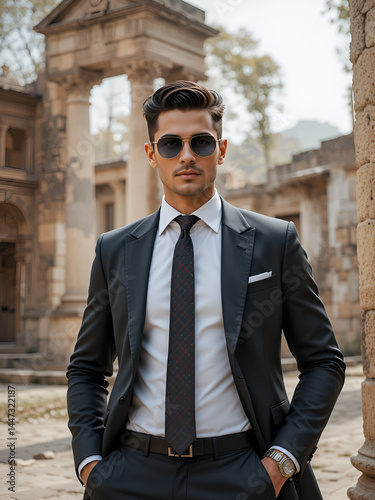 A dapper man wearing sunglasses poses confidently against a backdrop of ancient stone architecture, merging modern style with historical elegance in a striking contrast.