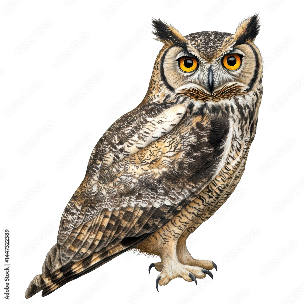 Fototapeta premium Majestic owl perched on a branch in a forest setting during the evening twilight hours