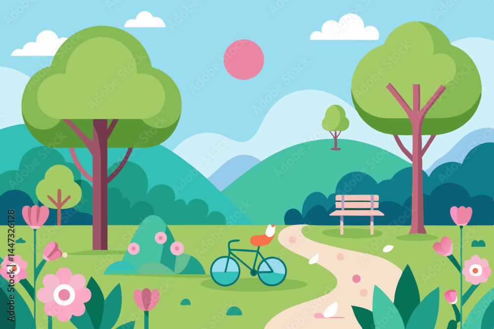 Naklejka premium Spring Park Landscape Vector with Flowers and Picnic Area
