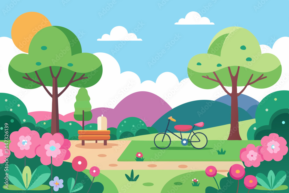 Spring Park Landscape Vector with Flowers and Picnic Area Spring Park Landscape Vector with Flowers and Picnic Area