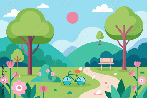 Spring Park Landscape Vector with Flowers and Picnic Area