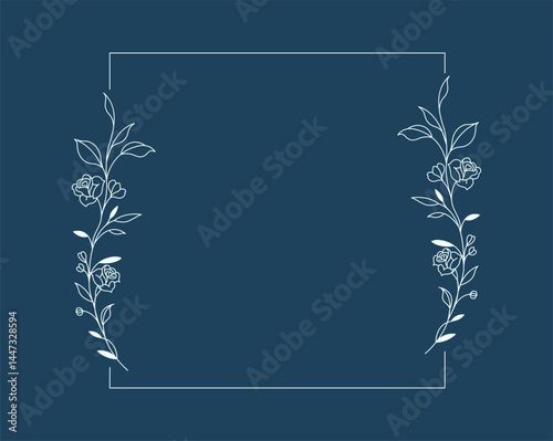 Floral and square hand drawn style. Floral navy frame of twigs, leaves and flowers. Frames for the Valentine's day, wedding decor, logo and identity template.