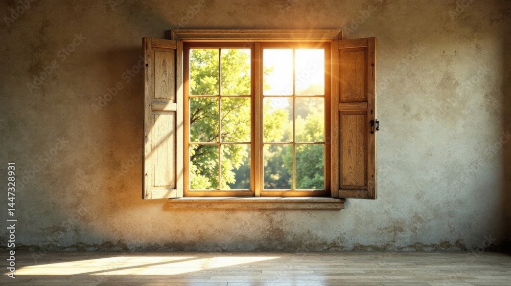 Sunlit Room with Open Wooden Shutters and View of Lush Greenery Sunlit Room with Open Wooden Shutters and View of Lush Greenery