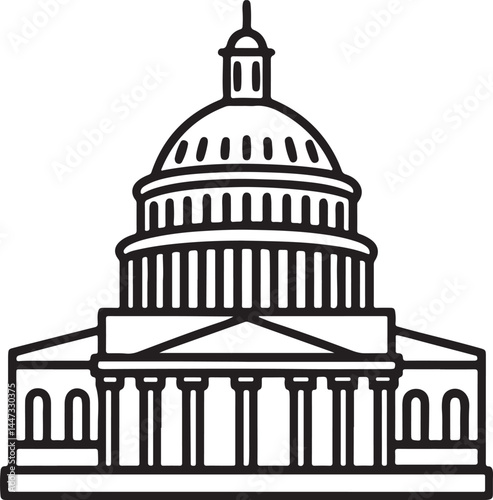 Washington capitol building line art, black outline, vector and illustration, coloring book page line art drawing