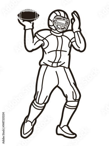 American Football Player Action Cartoon Outline Sport Graphic Vector