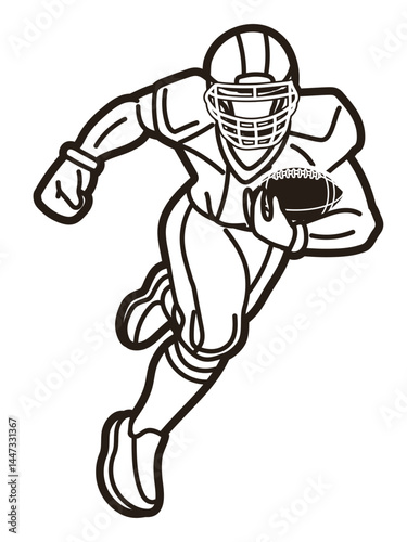 American Football Player Running Cartoon Outline Sport Graphic Vector