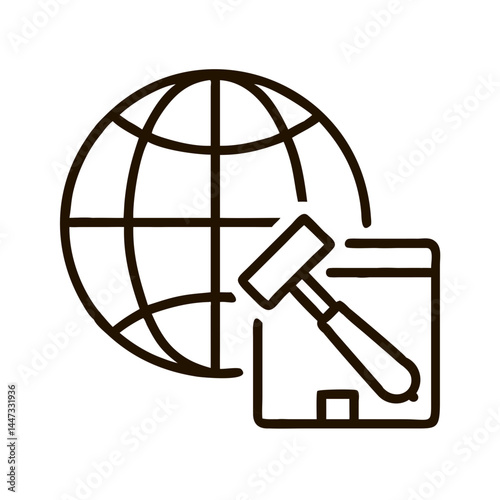 Global Parcel Delivery with Hammer Icon Representing International Shipping Regulations and Customs Enforcement