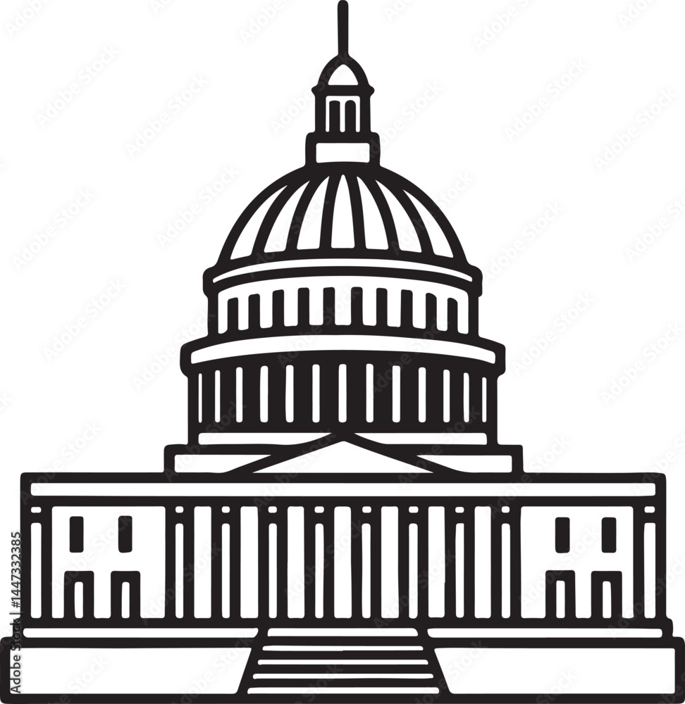 Obraz premium Washington capitol building line art, black outline, vector and illustration, coloring book page line art drawing