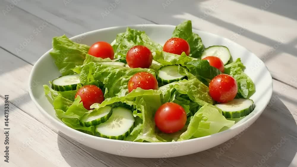 Fresh salad with lettuce, cherry tomatoes, and cucumber slices in a white bowl Fresh salad with lettuce, cherry tomatoes, and cucumber slices in a white bowl