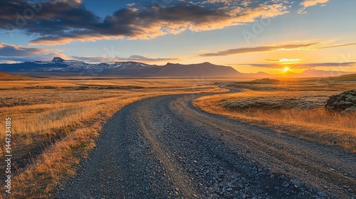 Majestic Sunset Over Icelandic Highlands: A Serene Gravel Road Journey