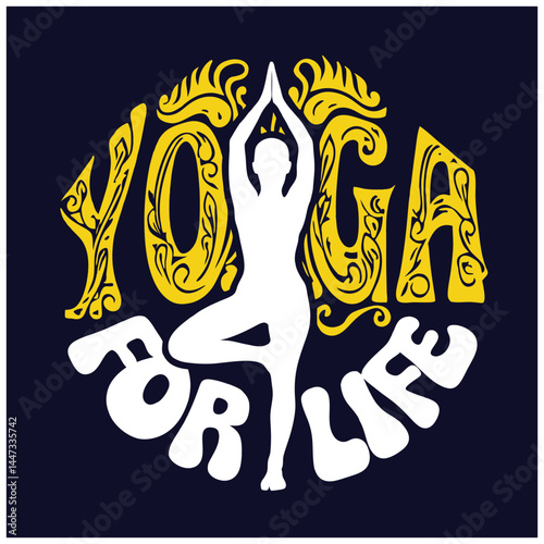 Stylized yoga-themed graphic featuring a person in tree pose with bold decorative text reading "Yoga for Life" on a dark background.
