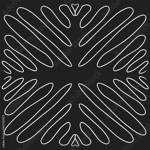 A symmetrical design featuring white lines creating abstract shapes, set against a black background conveying a modern, artistic aesthetic.