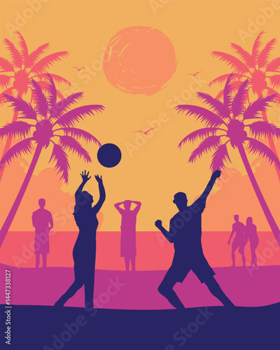 Silhouette Illustration of People Playing Beach Volleyball on a Tropical Beach at Sunset with Palm Trees and a Colorful Sky