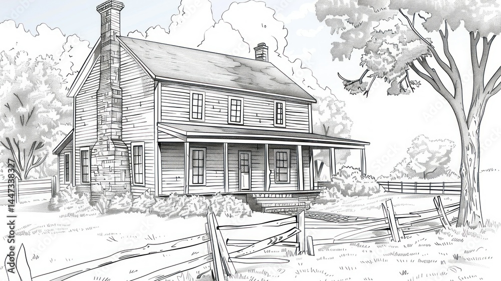 Fototapeta premium Detailed line art of a rustic farmhouse