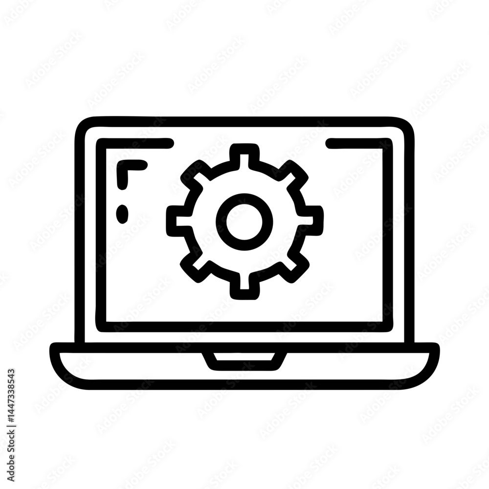 Laptop with Gear Settings Icon Representing System Configuration and Technical Adjustments Laptop with Gear Settings Icon Representing System Configuration and Technical Adjustments
