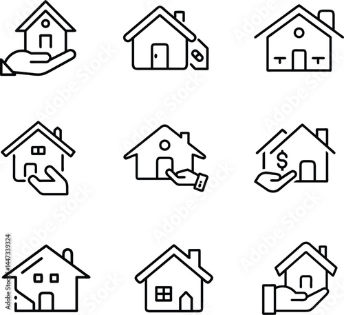 Real Estate Line Icons Set. House, Hand, Property, and Home Ownership Symbols