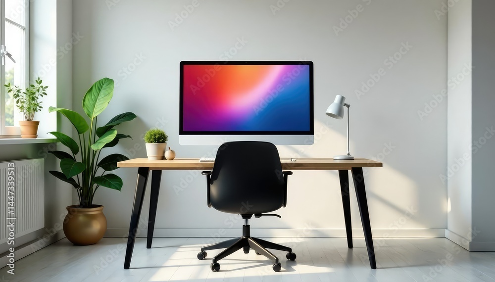 Empty chair at desk facing computer screen, bright room , technology, technology, network Empty chair at desk facing computer screen, bright room , technology, technology, network