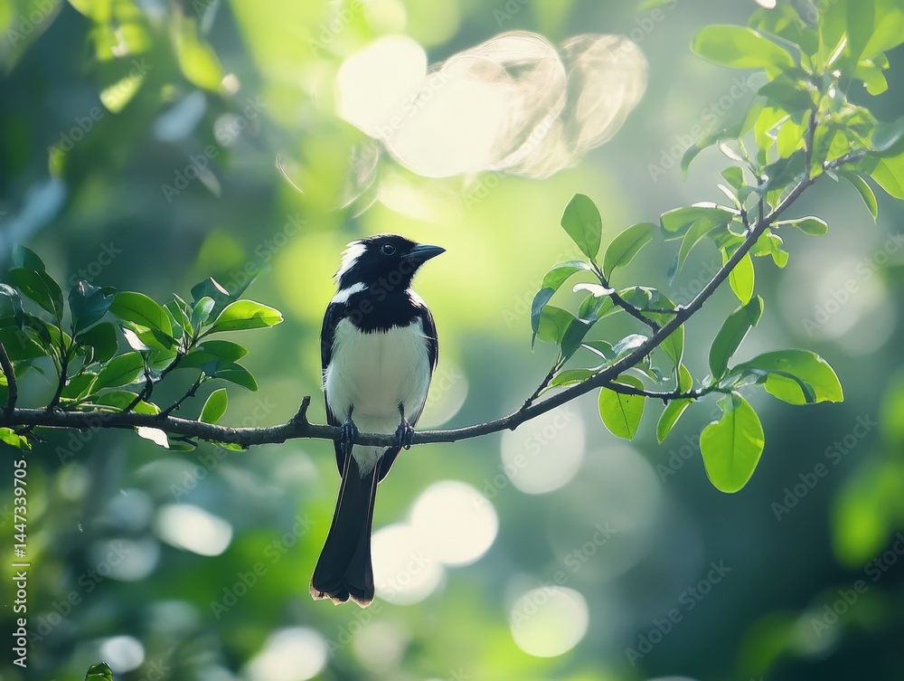 Obraz premium A black and white bird rests calmly on a leafy branch, surrounded by soft sunlight and blurred green forest foliage. 