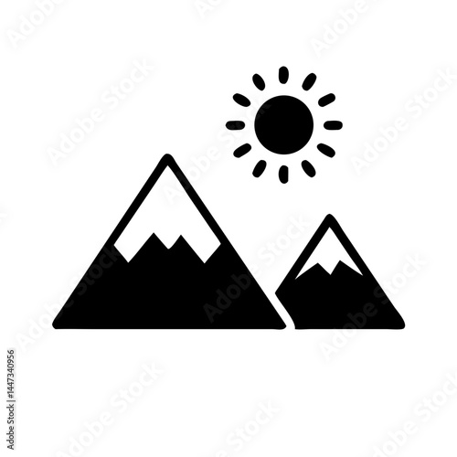 Mountain Landscape with Sun Icon Representing Scenic Nature and Outdoor Adventure