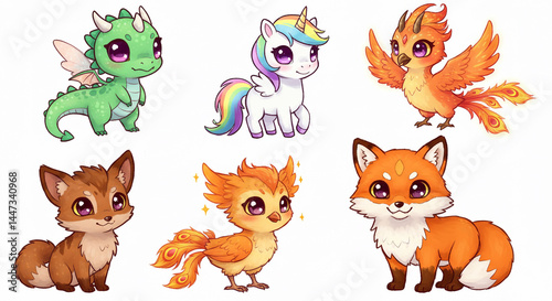 Wallpaper Mural Adorable Cartoon Animals Illustration- Dragon, Unicorn, Phoenix, Foxes, Cute Style Torontodigital.ca