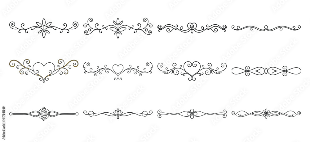Obraz premium Text delimiters and scroll elements, Graphic underline elements, Vintage divider, vector illustration border, graphic elements