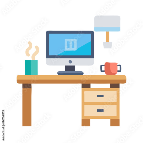 Office Desk with Computer and Coffee Icon Representing Work Environment and Productivity