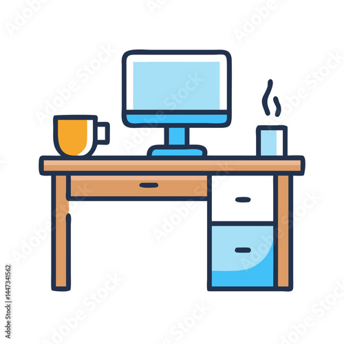 Office Desk with Computer and Coffee Icon Representing Work Environment and Productivity
