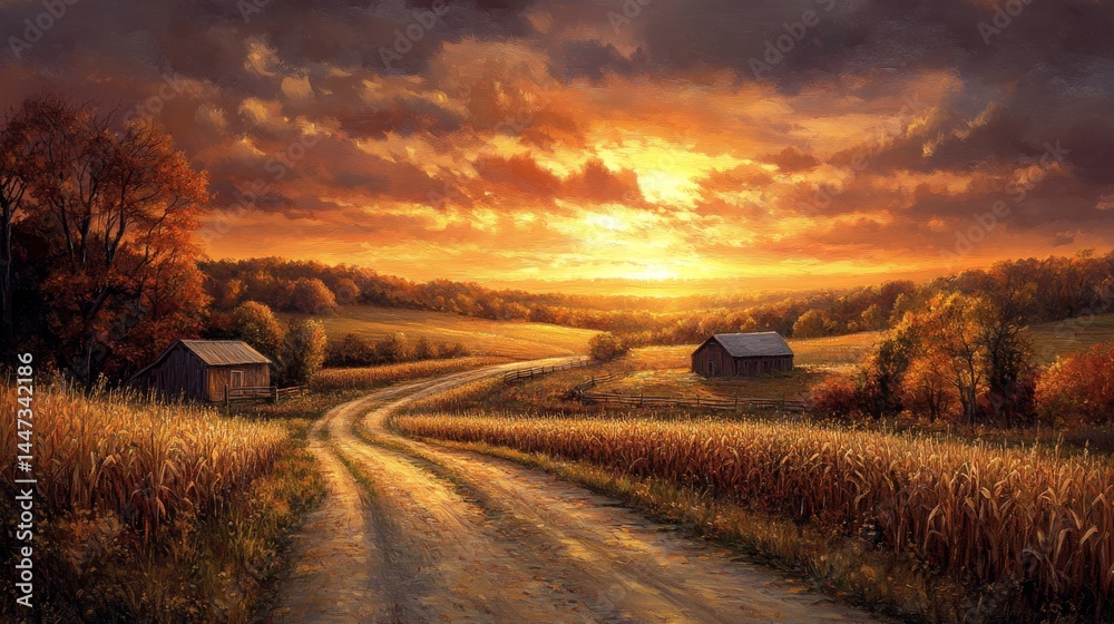 Fototapeta premium Golden hour country road through autumnal fields.