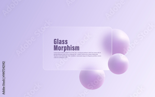 Minimalistic vector illustration with soft gradient background, 3D spheres and translucent matte panel. Glass morphism style.