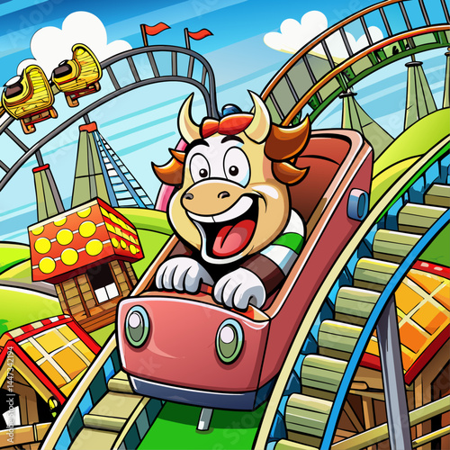 Exciting Cartoon Roller Coaster Ride with Happy Bull Character in Amusement Park – Fun, Thrilling Adventure for Kids, Colorful Animated Scene for Entertainment