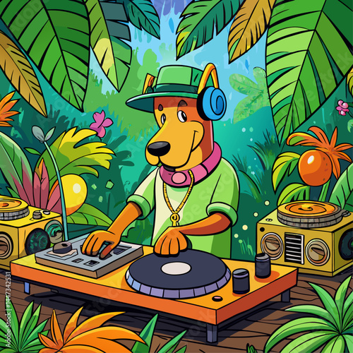 Colorful Cartoon DJ Dog in Tropical Jungle Setting with Turntables and Speakers - Fun and Vibrant Music Scene for Entertainment, Party, and Creative Design