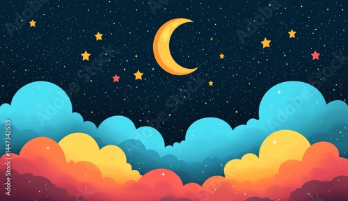 A colorful sky with a large yellow moon and many stars