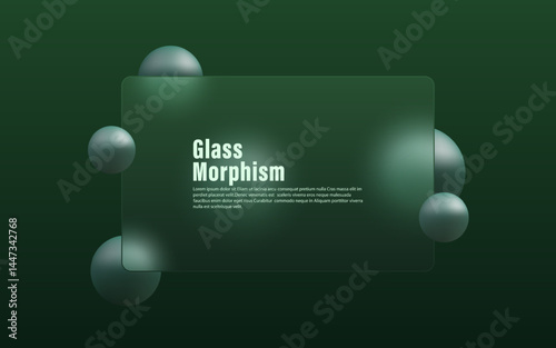 Minimalistic vector illustration with dark gradient background, 3D spheres and translucent matte panel. Glass morphism style website landing page design template.