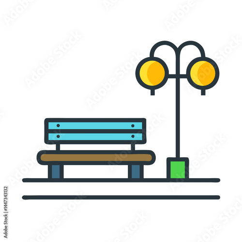 Park Bench with Street Lamp Icon Representing Public Space and Outdoor Relaxation