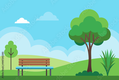 Minimal Park Vector with Tree Bench and Green Lawn Scene