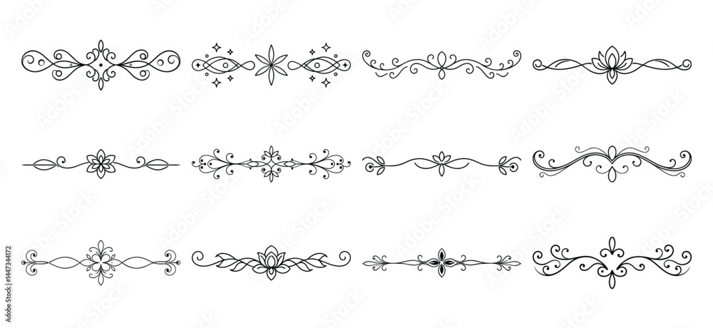 Obraz premium Text delimiters and scroll elements, Graphic underline elements, Vintage divider, vector illustration border, graphic elements