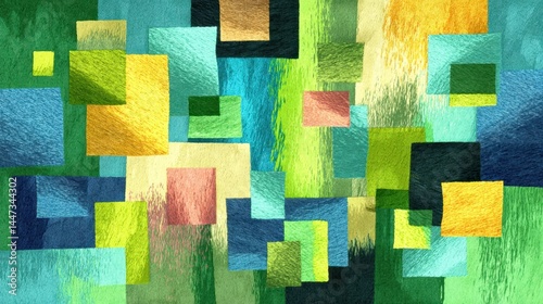 Abstract colorful artistic painting with various squares and textured brushstrokes in vibrant shades of green, blue, yellow, and pink