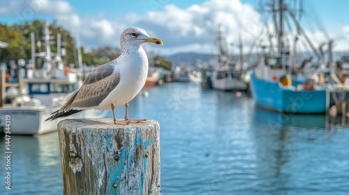 Seagull on Pier Post in Vibrant Fishing Harbor
