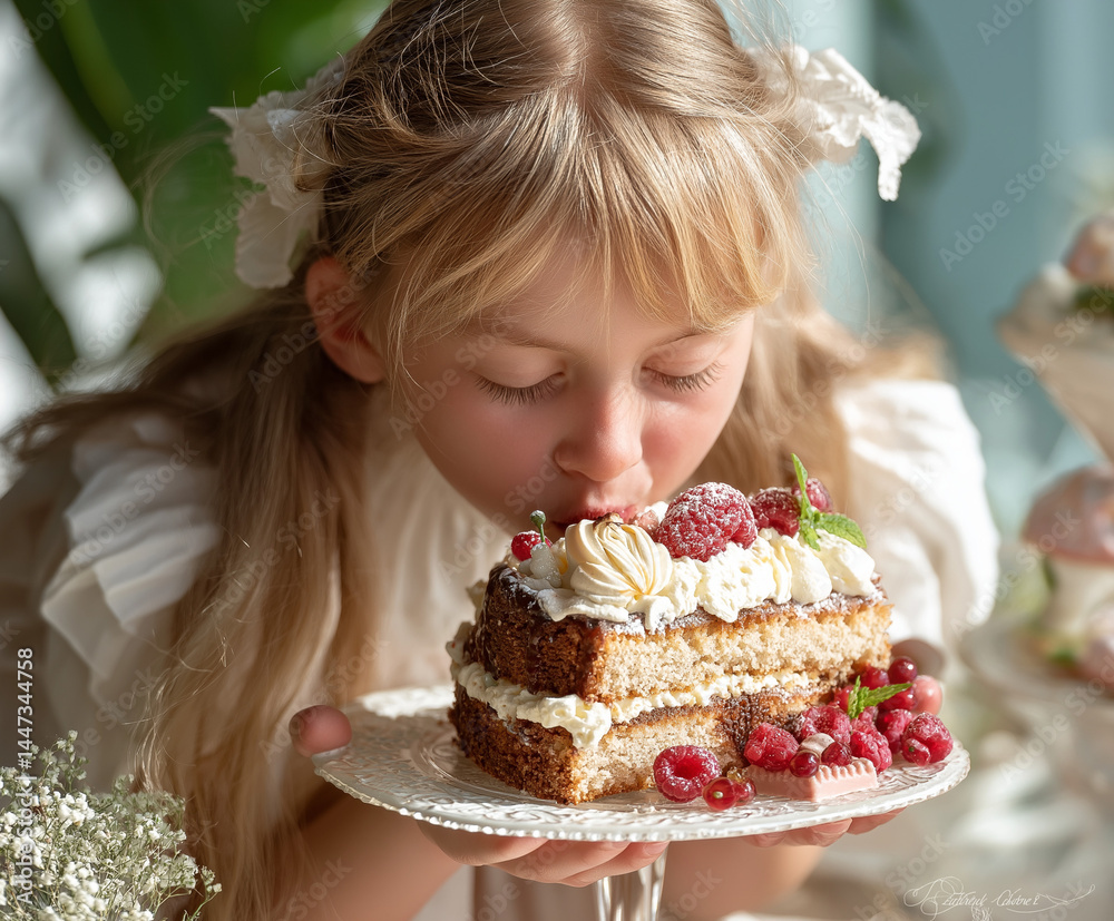 young girl with cake. A charming, elegant girl enjoys the sweet aroma of a delicious berry cake - perfect for advertising bakeries, dessert menus, children's parties or joyful family moments young girl with cake. A charming, elegant girl enjoys the sweet aroma of a delicious berry cake - perfect for advertising bakeries, dessert menus, children's parties or joyful family moments
