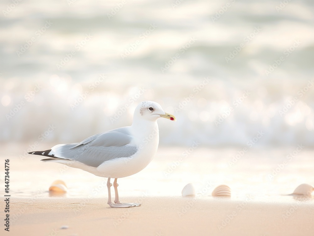 Fototapeta premium Seagull on Peaceful Beach with Gentle Waves 