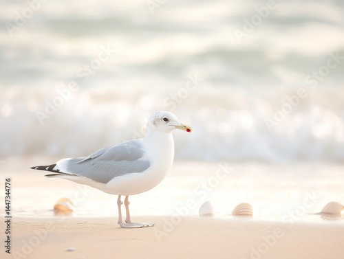 Seagull on Peaceful Beach with Gentle Waves 