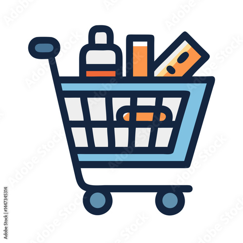 Shopping Cart with Essentials Icon Representing Grocery Shopping and Basic Needs