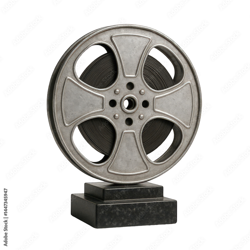 Obraz premium A classic metal film reel stands proudly on a dark base, a symbolic award for cinematic achievement.