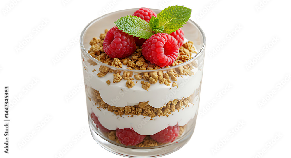 Layered parfait with raspberries and granola in glass Layered parfait with raspberries and granola in glass