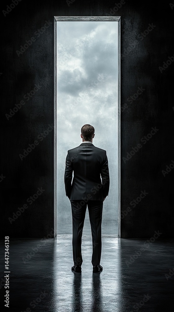 Fototapeta premium A man in a suit stands before a doorway that opens to a bright, cloudy sky