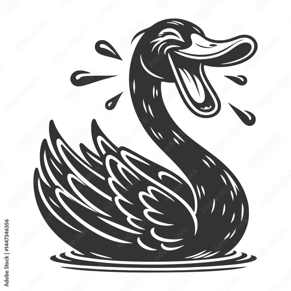 Obraz premium cartoonish black swan laughing loudly, offering a satirical twist on the black swan metaphor sketch engraving generative ai vector illustration. Scratch board imitation. Black and white image.