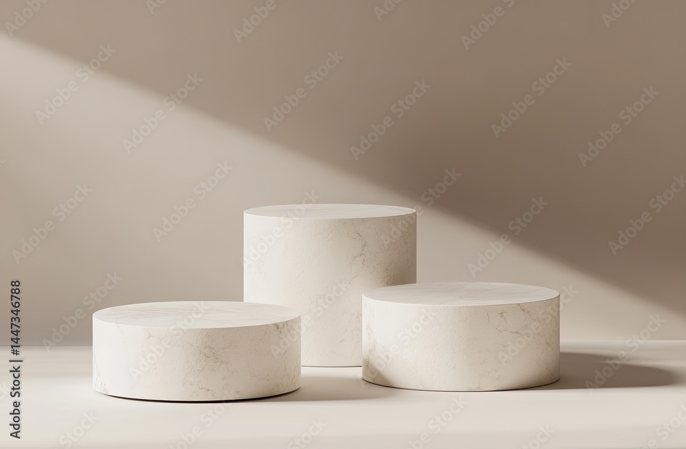 Three beige cylinder podiums Three beige cylinder podiums