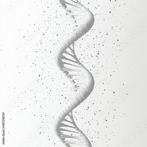 Abstract DNA helix  A 3D model of a DNA double helix,  depicting its structure and complexity, with  surrounding particles in a light background