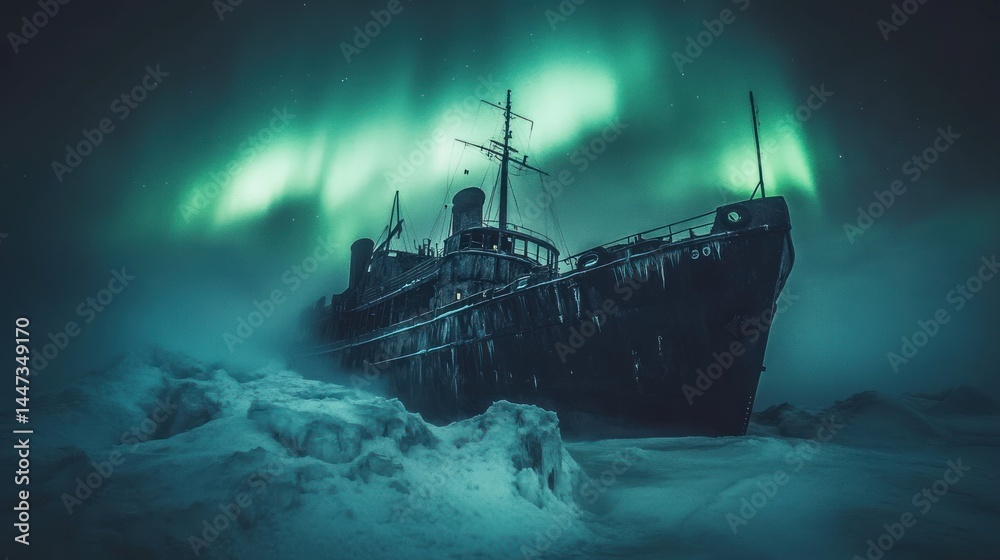 Fototapeta premium Enigmatic Shipwreck Under Aurora Borealis