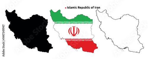 Iran Map Vector - Country Outline, Flag Inside Map, Blank and Silhouette Version